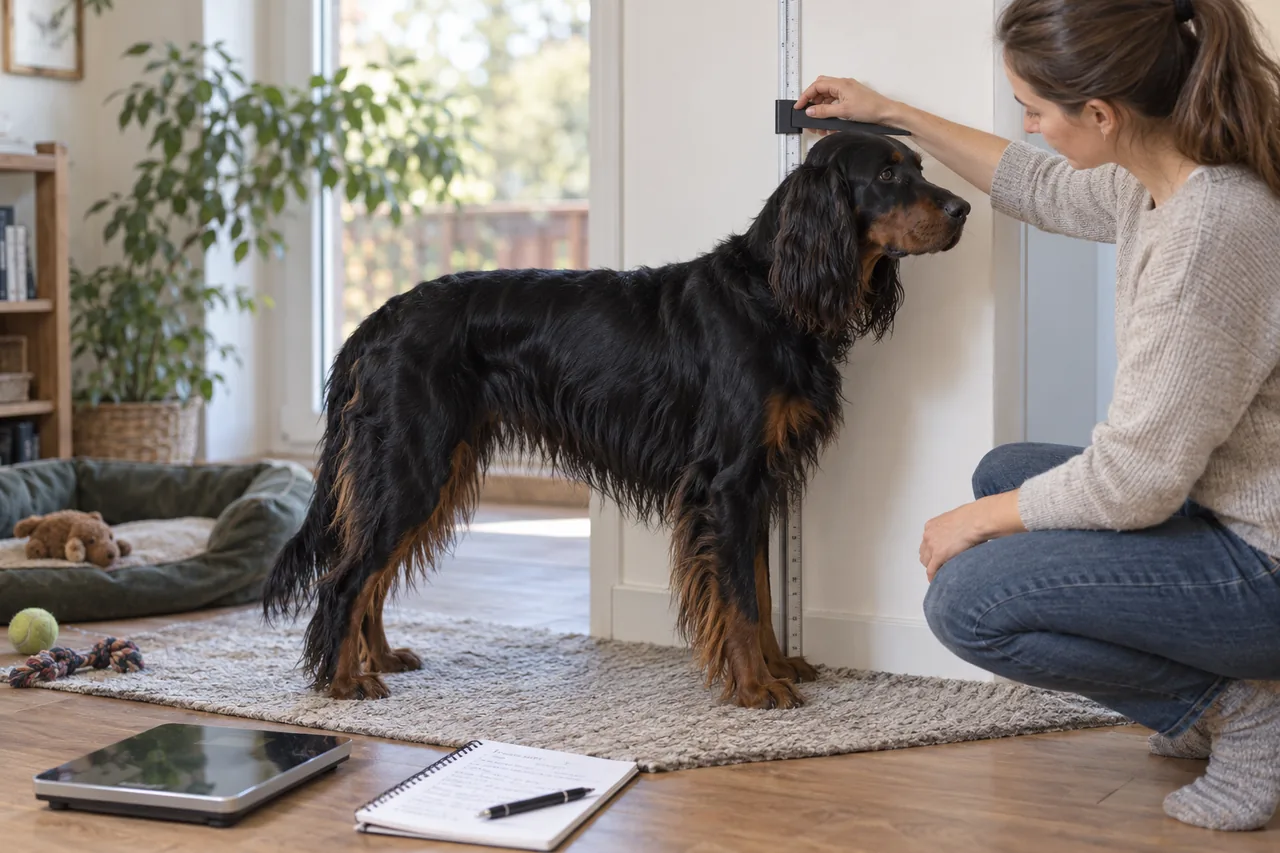 Владелец измеряет высоту шотландского сеттера