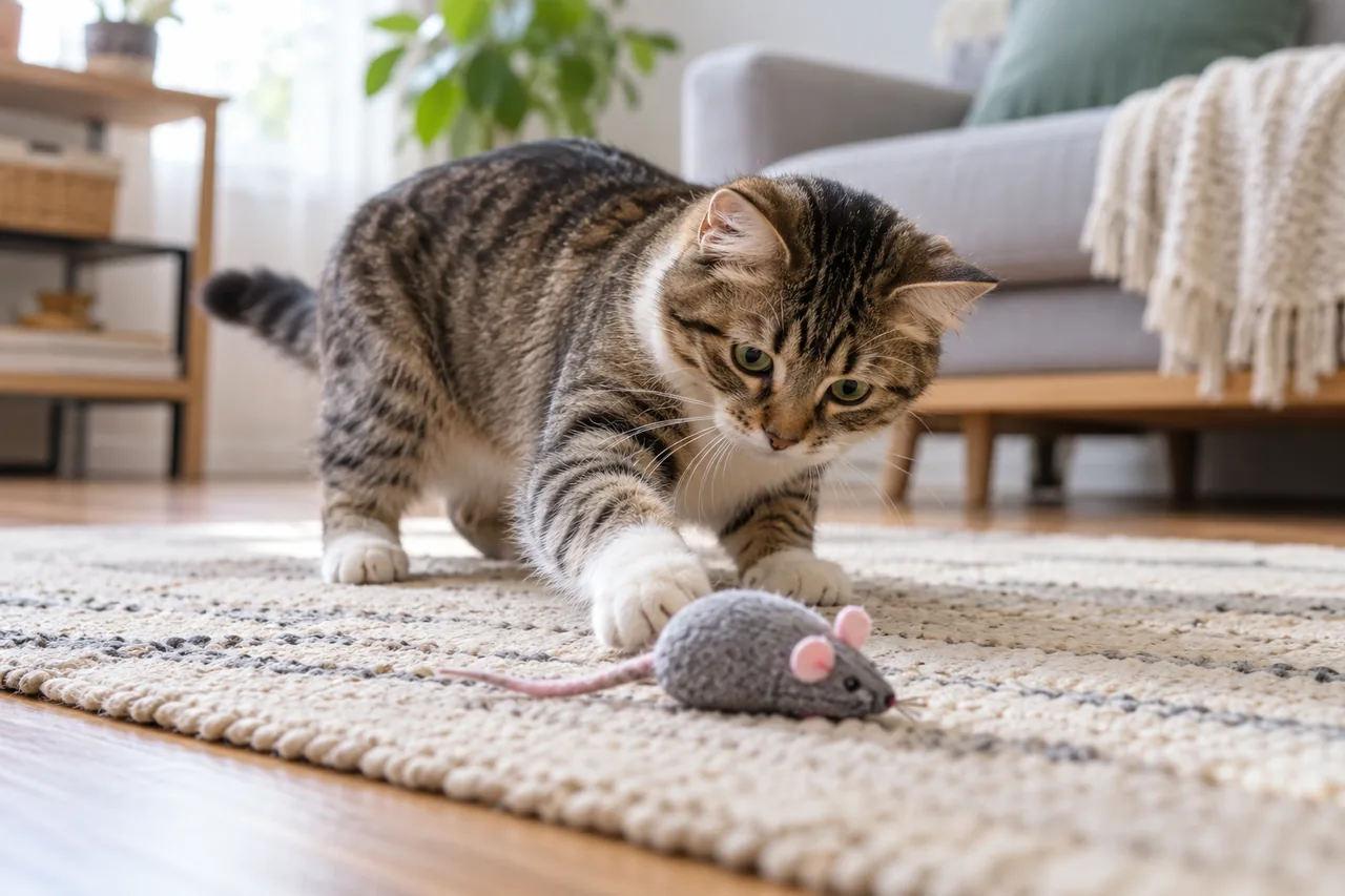 Кошка смотрит на игрушечную мышь