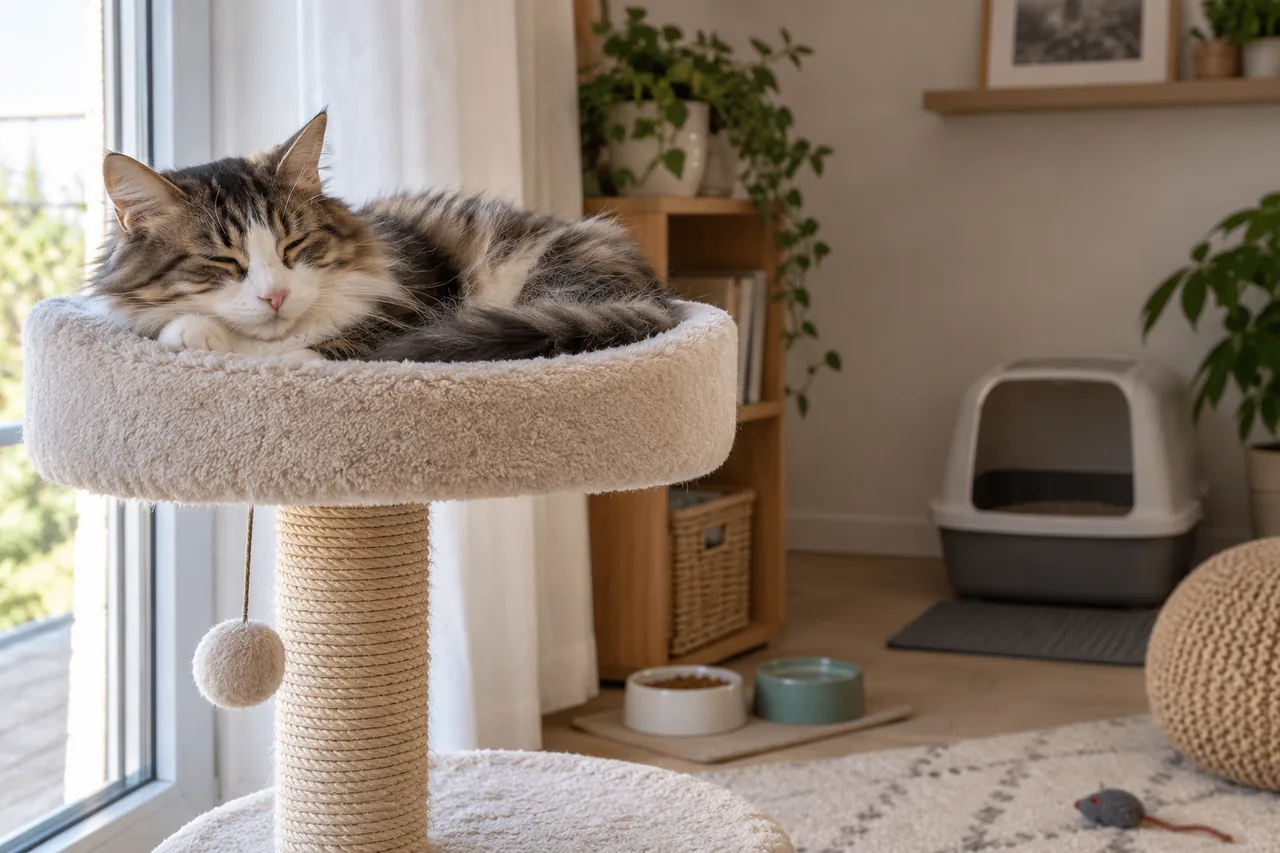 Кошка отдыхает на устойчивой лежанке возле окна