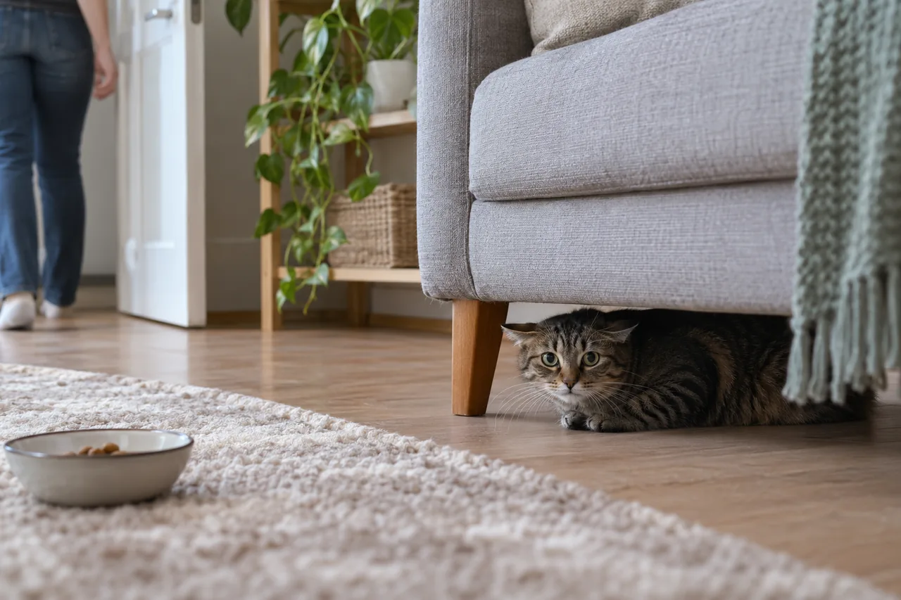 Кошка наблюдает из укрытия под диваном