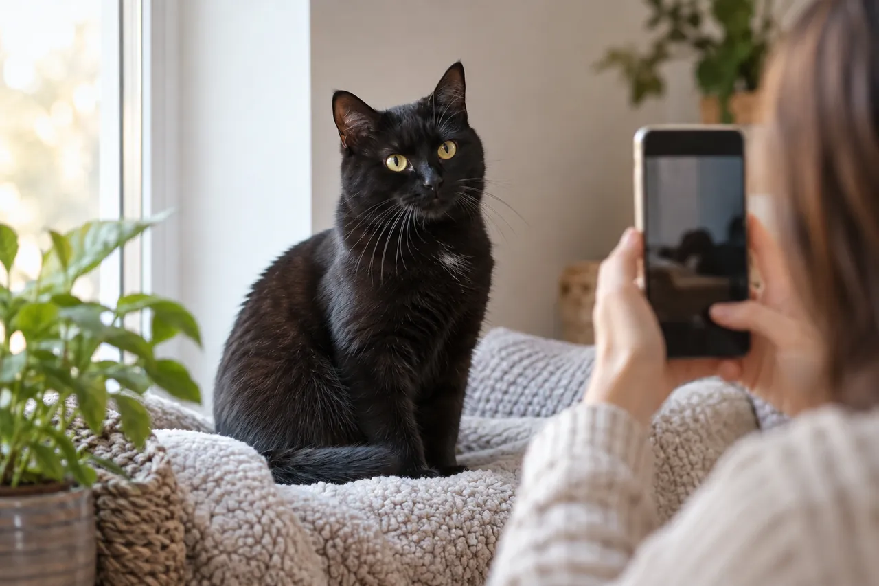 Чёрную кошку фотографируют у окна для объявления